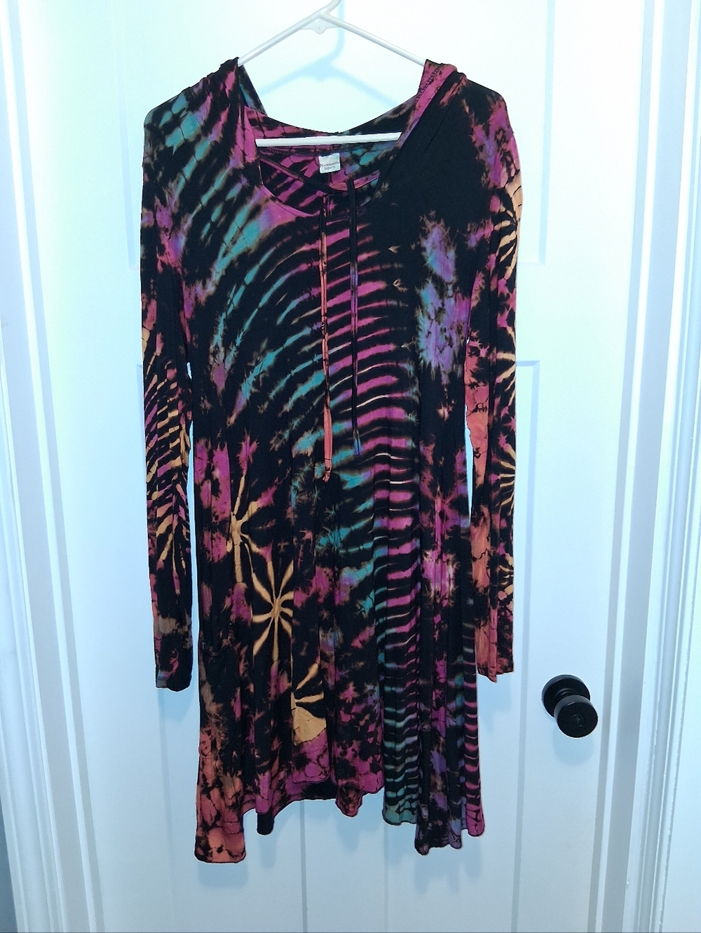 Kathmandu Tie-Dye Hooded Tunic Dress in Black with Pink, Teal & Orange Size XL